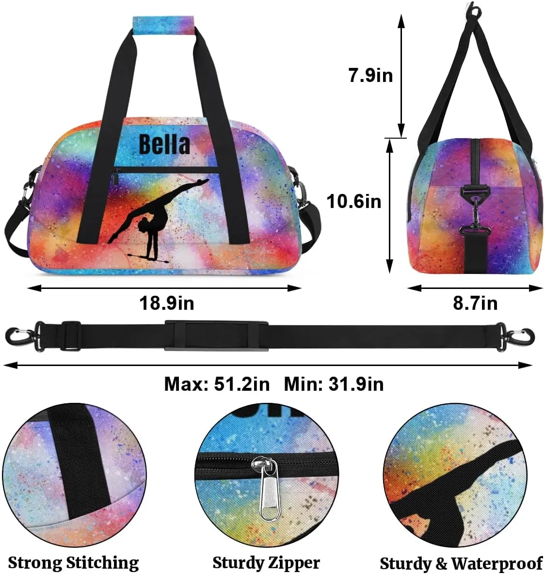 Personalized Dance Bag Gym Bag for Girl,Custom Sport Duffel Bag Weekender Bags Travel Duffel Bag Gymnastics (Multicolor 5), Option 12