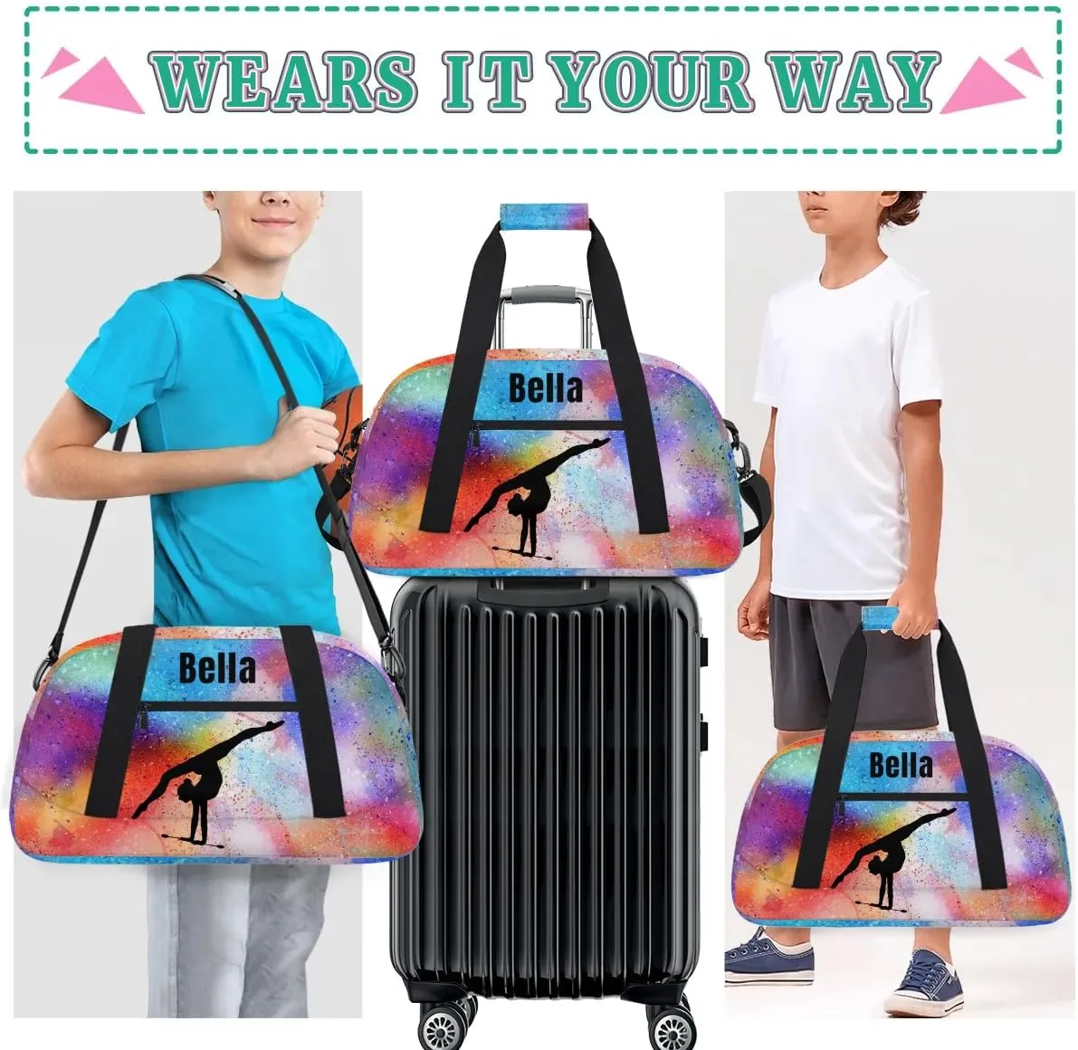 Personalized Dance Bag Gym Bag for Girl,Custom Sport Duffel Bag Weekender Bags Travel Duffel Bag Gymnastics (Multicolor 5), Option 12