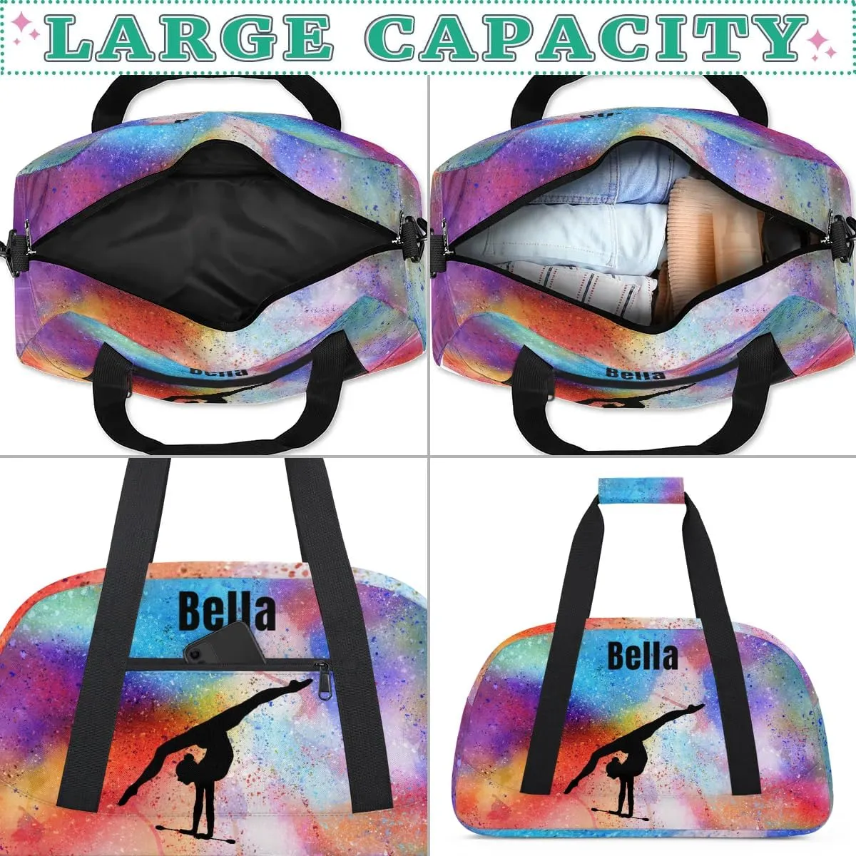 Personalized Dance Bag Gym Bag for Girl,Custom Sport Duffel Bag Weekender Bags Travel Duffel Bag Gymnastics (Multicolor 5), Option 12