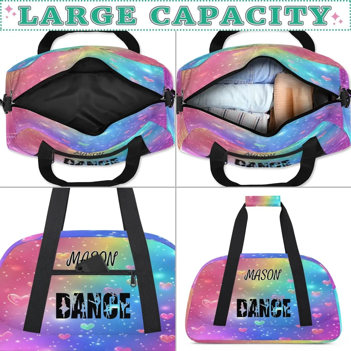 Personalized Dance Bag Gym Bag for Women, Custom Sport Duffel Bag Overnight Weekender Bags Travel Duffel Bags, Love Glitter