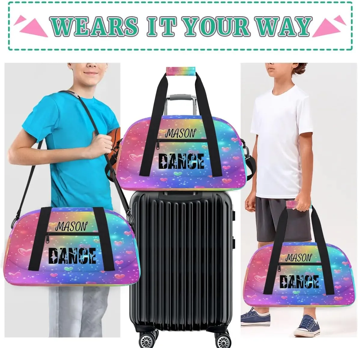 Personalized Dance Bag Gym Bag for Women, Custom Sport Duffel Bag Overnight Weekender Bags Travel Duffel Bags, Love Glitter