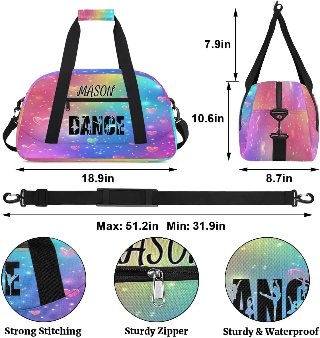 Personalized Dance Bag Gym Bag for Women, Custom Sport Duffel Bag Overnight Weekender Bags Travel Duffel Bags, Love Glitter