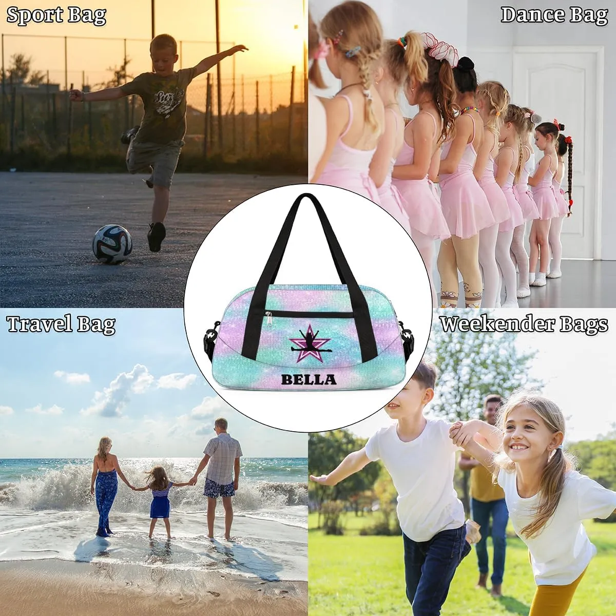 Personalized Dance Gym Bag for Girl, Custom Sport Weekender Travel Duffel Bag - Watercolor Glitter Star Cheer