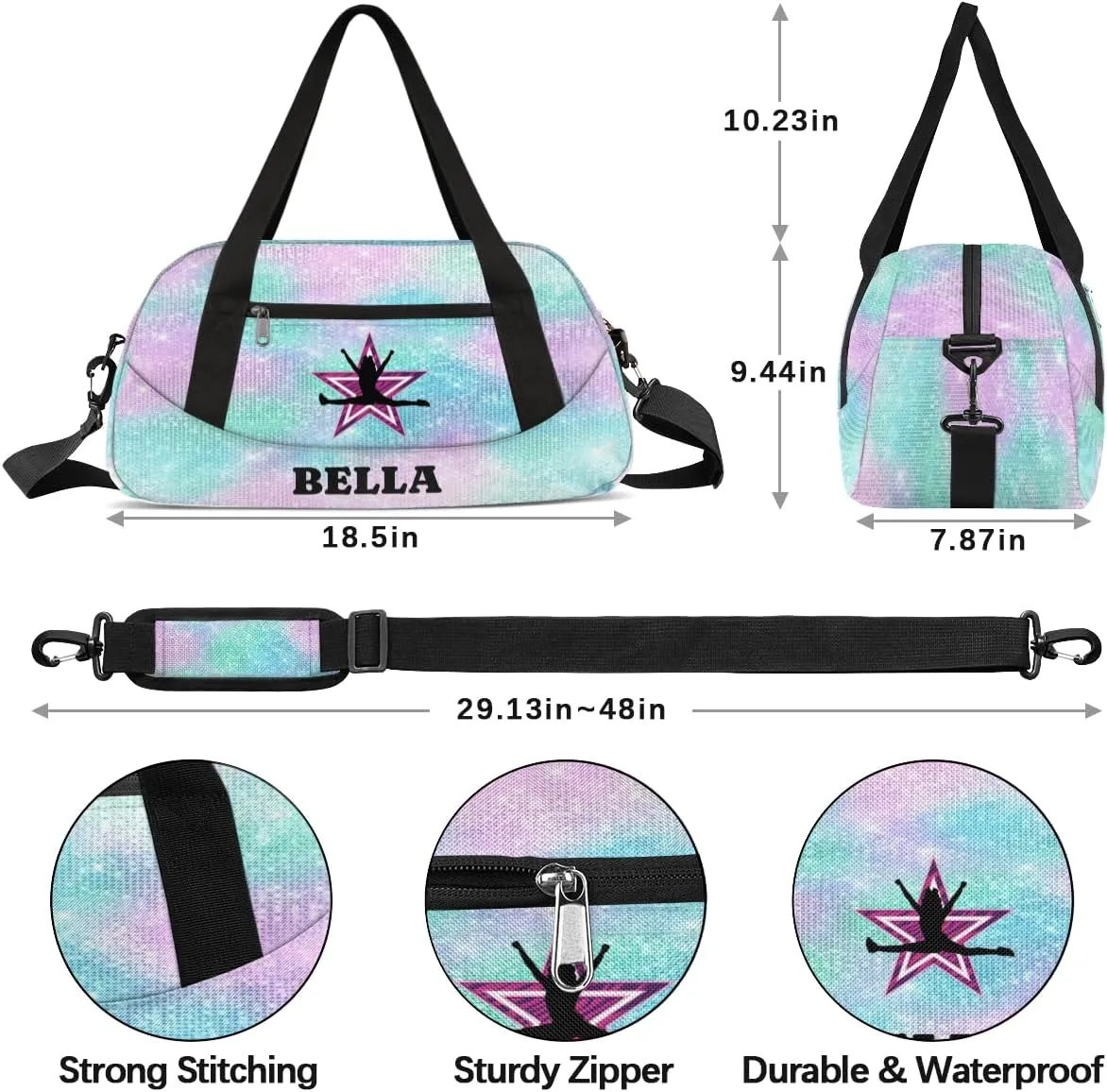 Personalized Dance Gym Bag for Girl, Custom Sport Weekender Travel Duffel Bag - Watercolor Glitter Star Cheer