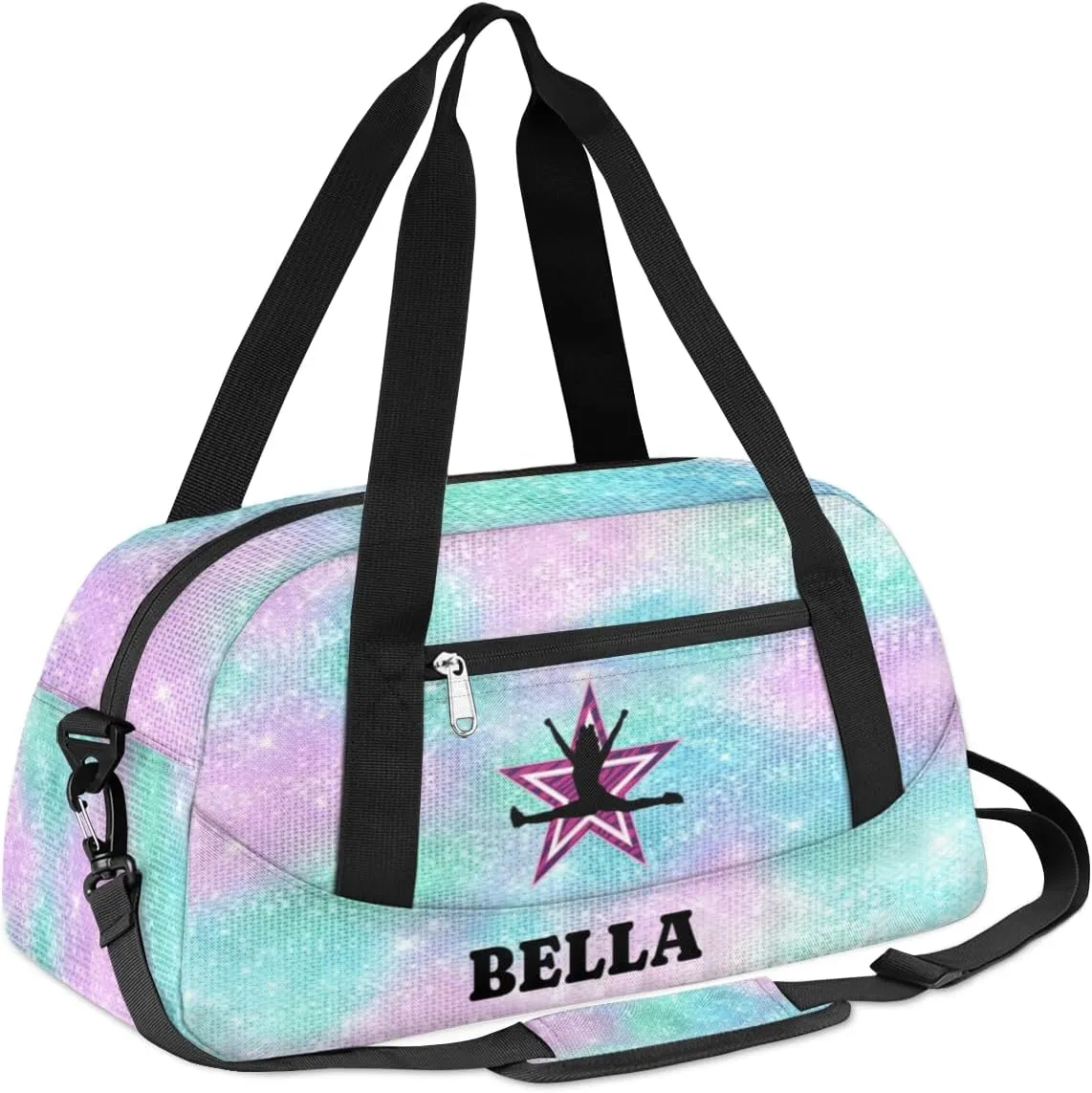Personalized Dance Gym Bag for Girl, Custom Sport Weekender Travel Duffel Bag - Watercolor Glitter Star Cheer