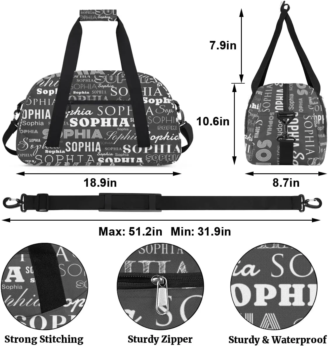 Personalized Duffel Bag Custom Dance Bag for Girls Customized Kids Gymnastics Creative Name Ballet Bag Overnighter Travel Carry on Tote Sport for Boys Backpack White Black