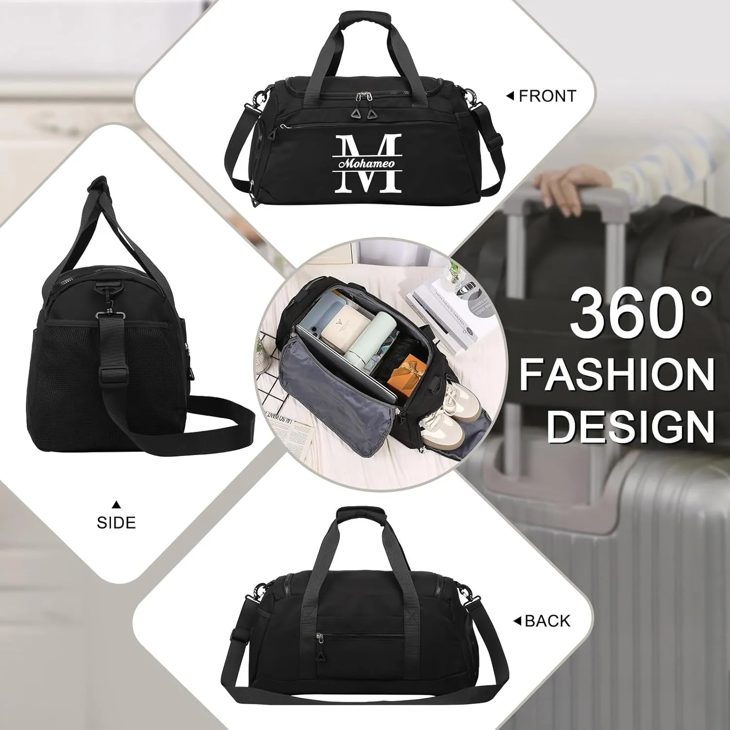 Personalized Duffel Bag with Name, Travel Duffel with Wet Pocket & Shoe Compartment, Sport Gym Bags for Women/Men, Overnight Bag for Traveling and Sports Enthusiasts (Style 1-Black)