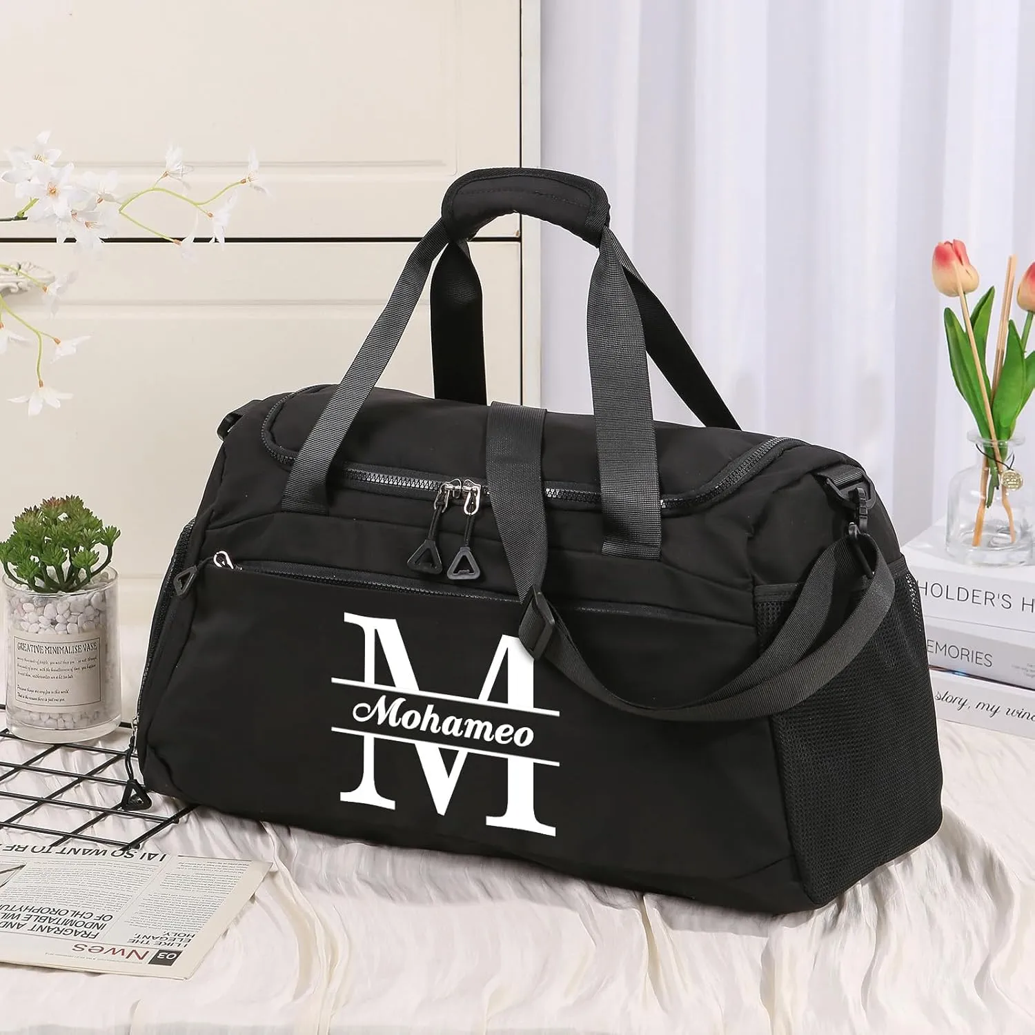 Personalized Duffel Bag with Name, Travel Duffel with Wet Pocket & Shoe Compartment, Sport Gym Bags for Women/Men, Overnight Bag for Traveling and Sports Enthusiasts (Style 1-Black)