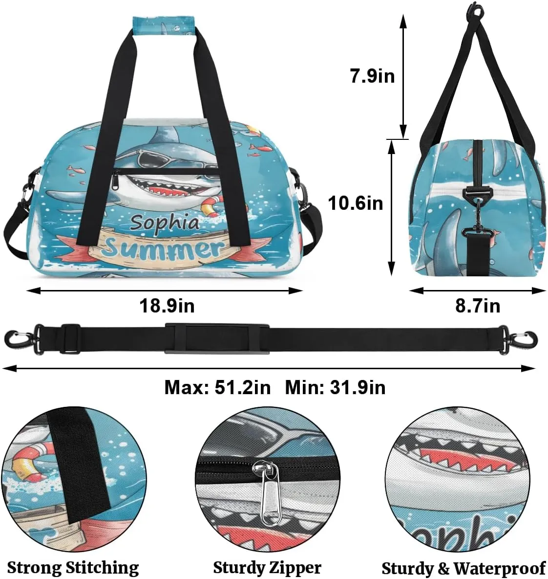 Personalized Duffel Bags for Kids Gym Bag with Name Small Dance Bag for Girls Luggage Bags for Boys Shark