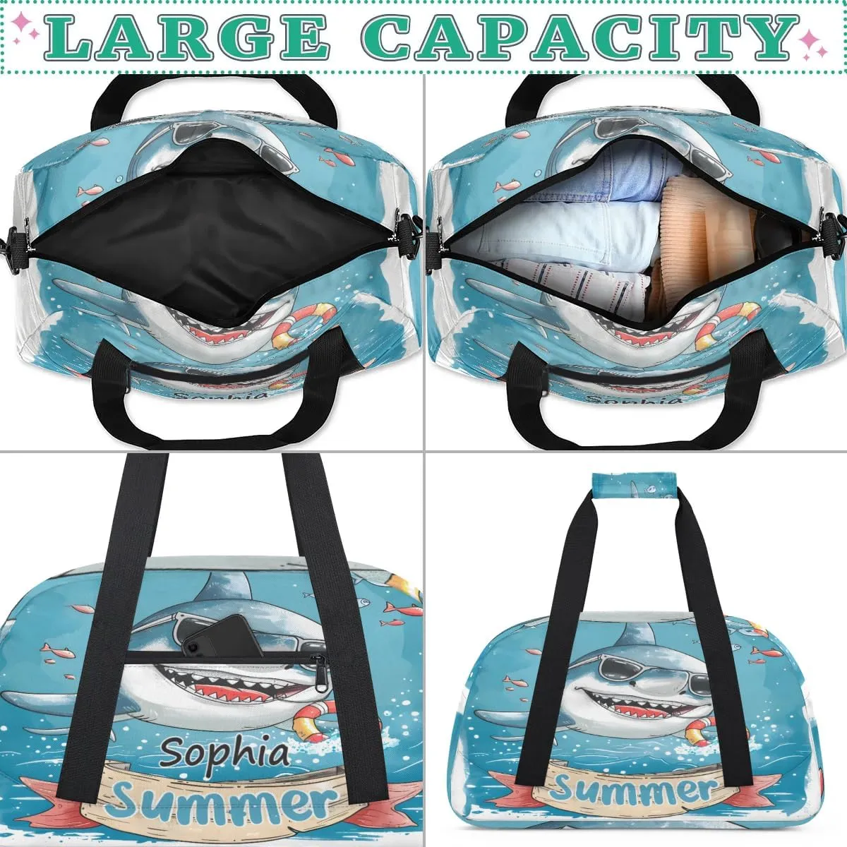 Personalized Duffel Bags for Kids Gym Bag with Name Small Dance Bag for Girls Luggage Bags for Boys Shark