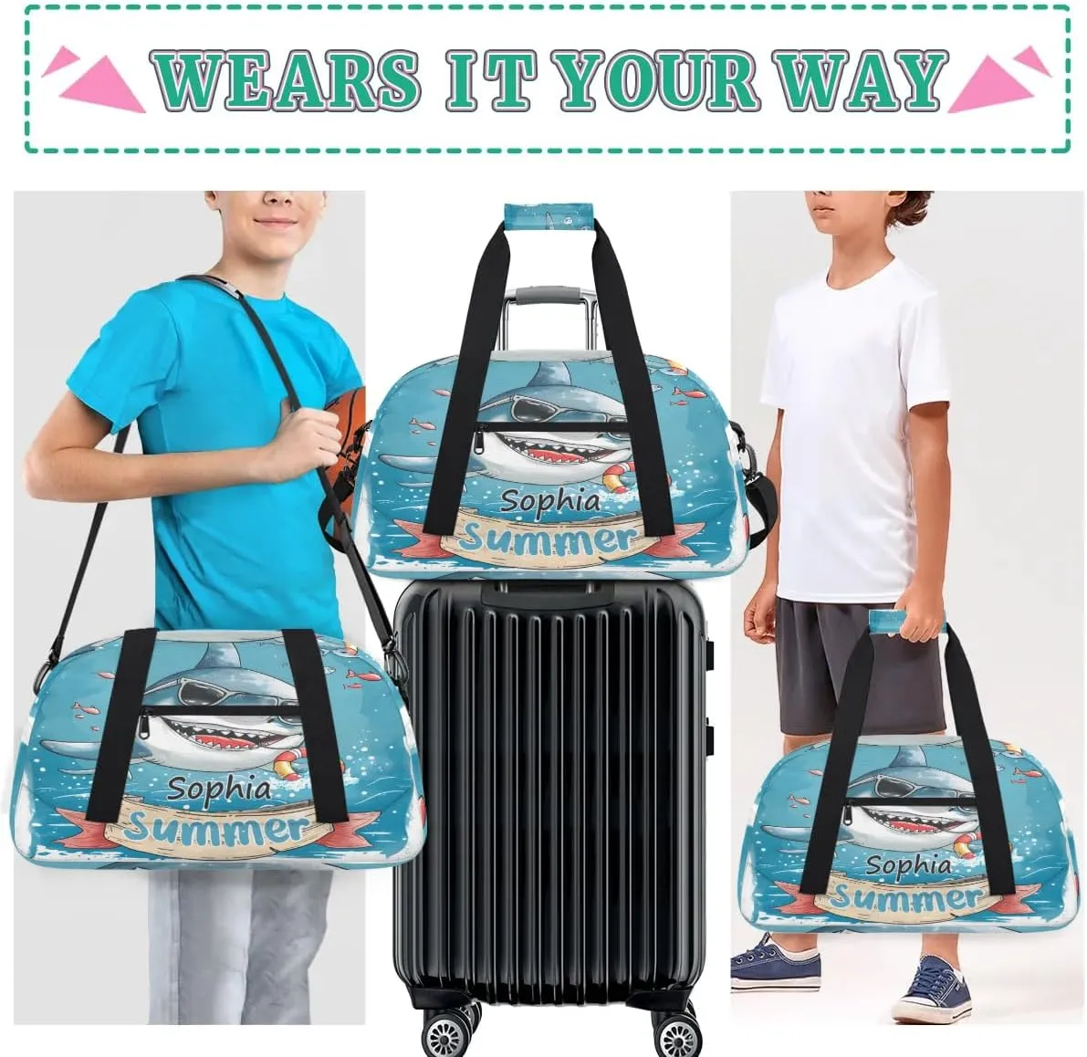 Personalized Duffel Bags for Kids Gym Bag with Name Small Dance Bag for Girls Luggage Bags for Boys Shark