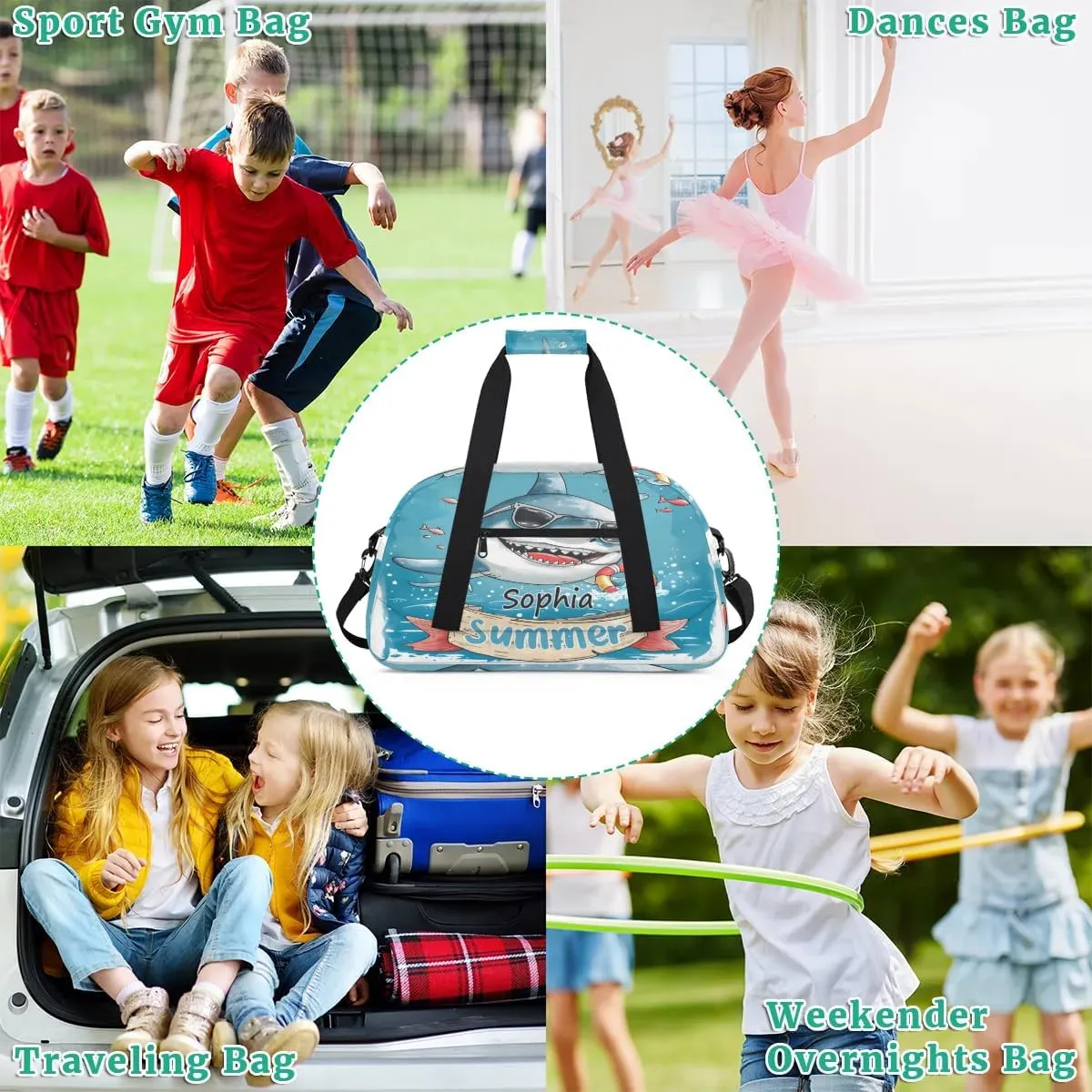 Personalized Duffel Bags for Kids Gym Bag with Name Small Dance Bag for Girls Luggage Bags for Boys Shark