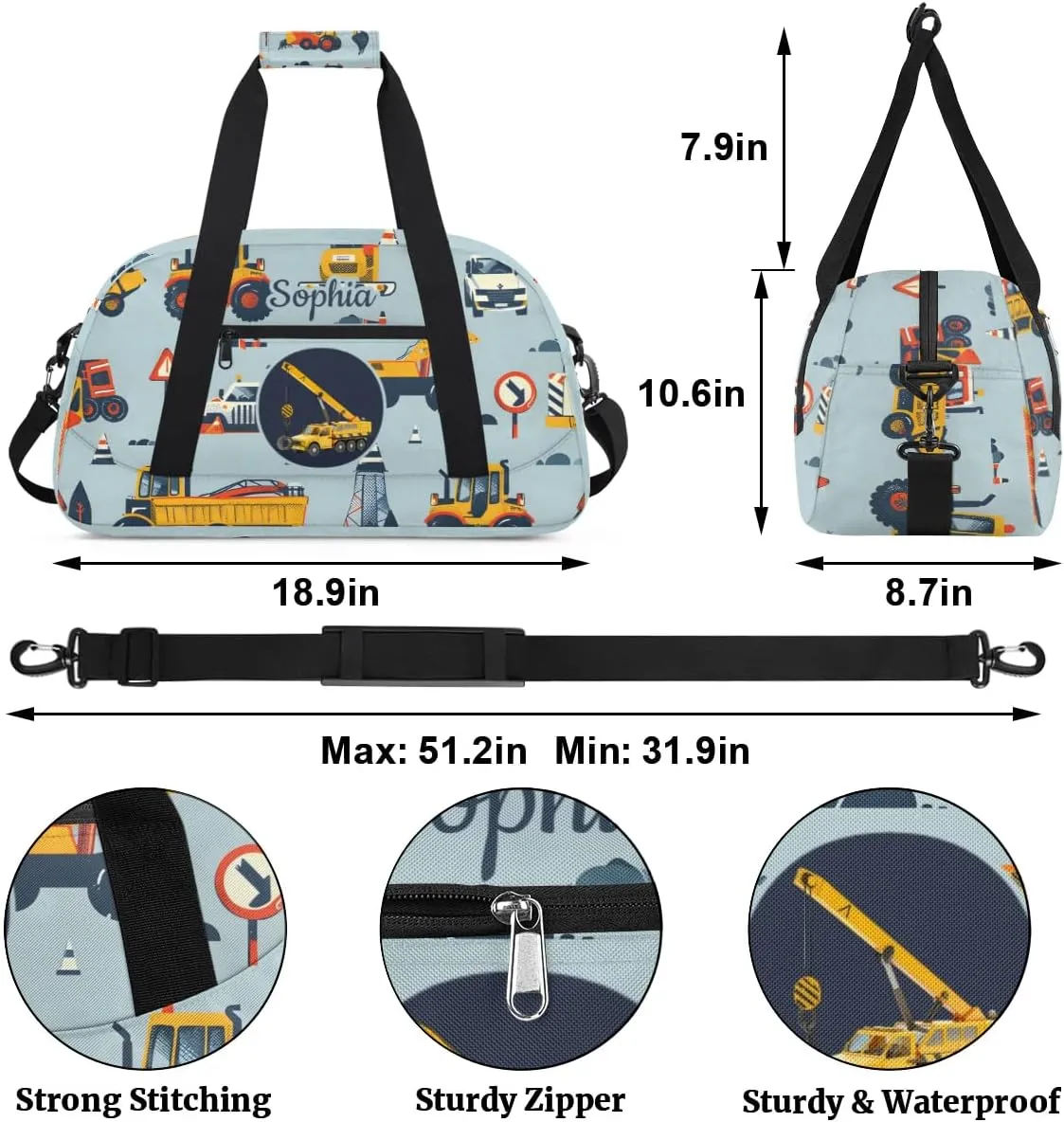 Personalized Duffel Bags for Kids Gym Bag with Name Small Kids Duffel Bag Boys Luggage Bags Engineering Vehicle Cars
