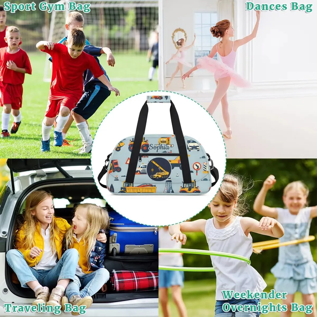 Personalized Duffel Bags for Kids Gym Bag with Name Small Kids Duffel Bag Boys Luggage Bags Engineering Vehicle Cars