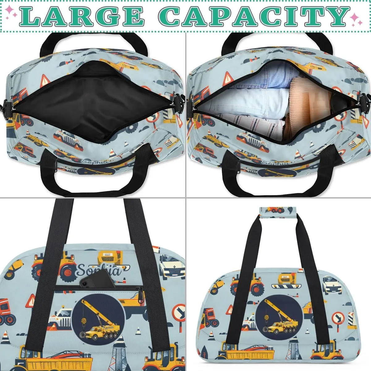 Personalized Duffel Bags for Kids Gym Bag with Name Small Kids Duffel Bag Boys Luggage Bags Engineering Vehicle Cars