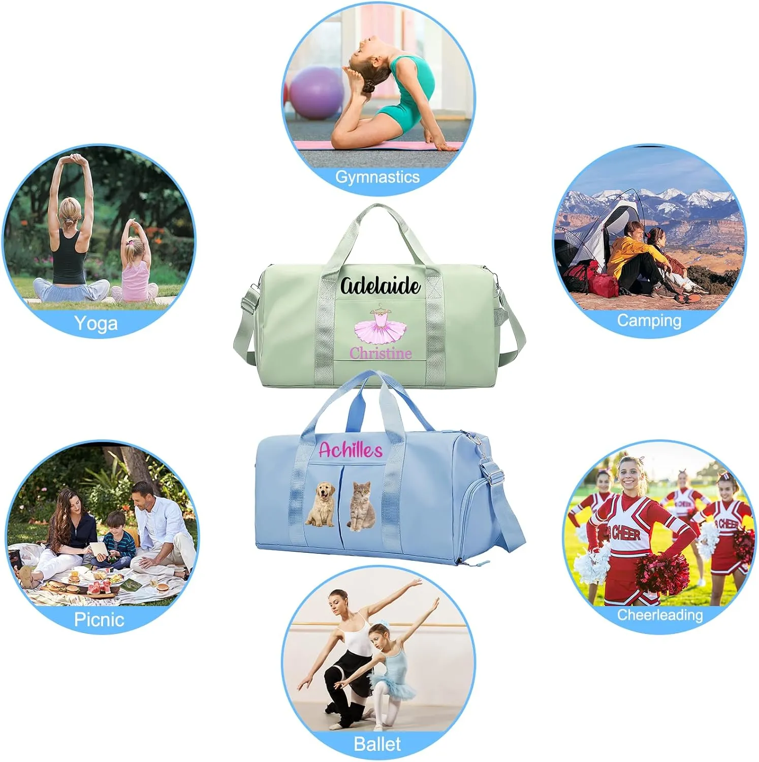 Personalized Duffle Bag Printed Photo Name Custom Dry Wet Separated Sport Gym Bags with Pockets & Shoe Customized Dance Cheer Ballet Team Travel Bags Gift for Women Girls