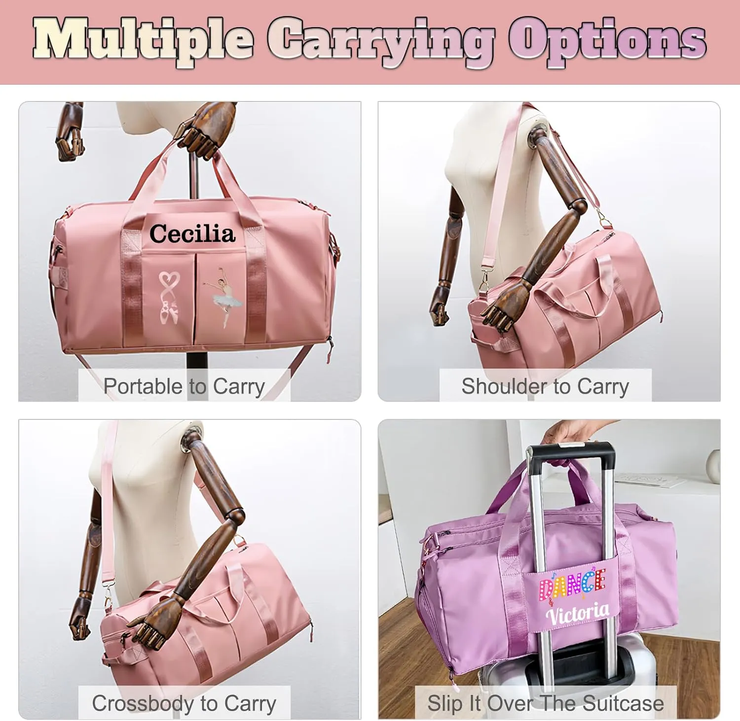 Personalized Duffle Bag Printed Photo Name Custom Dry Wet Separated Sport Gym Bags with Pockets & Shoe Customized Dance Cheer Ballet Team Travel Bags Gift for Women Girls