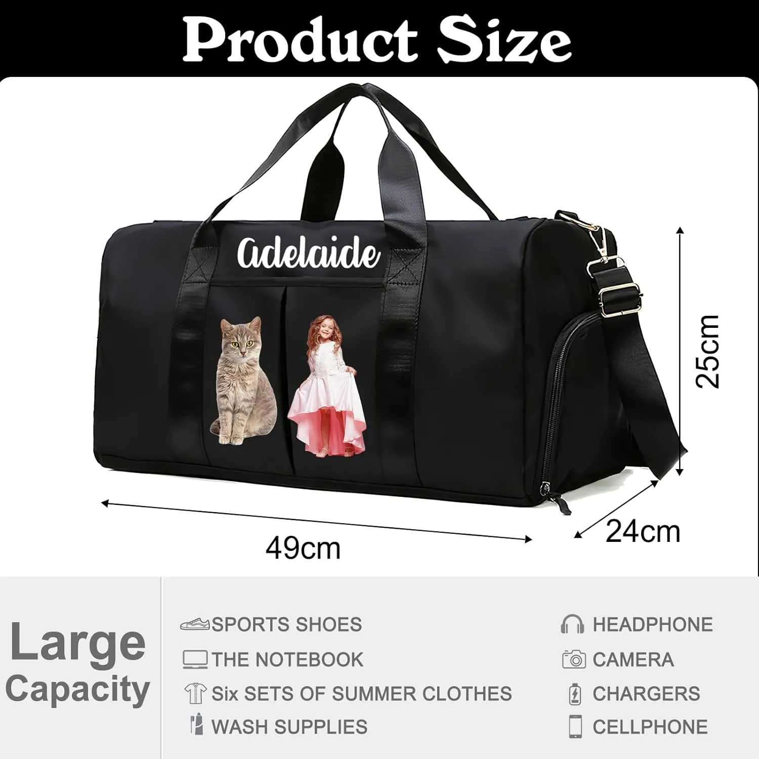 Personalized Duffle Bag Printed Photo Name Custom Dry Wet Separated Sport Gym Bags with Pockets & Shoe Customized Dance Cheer Ballet Team Travel Bags Gift for Women Girls