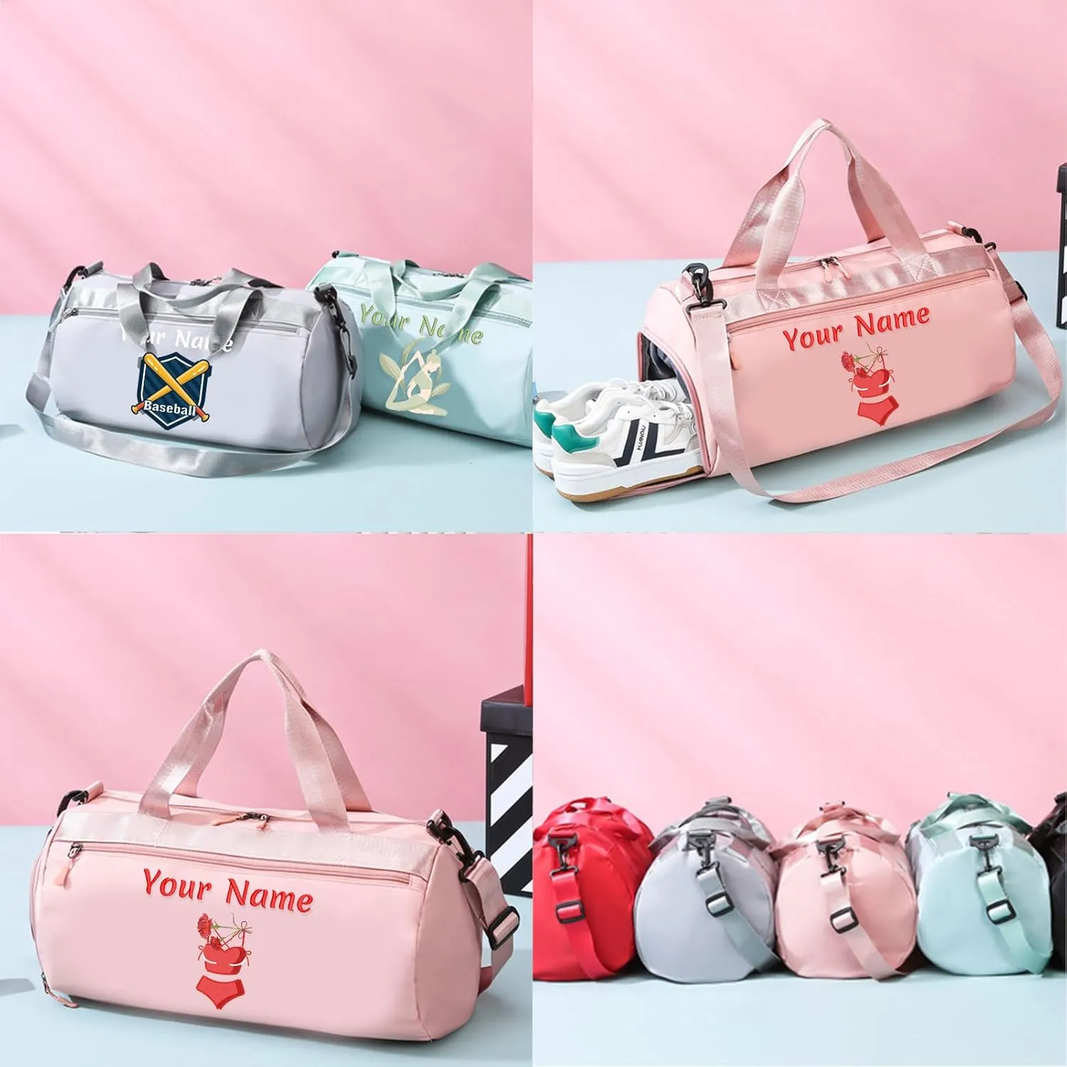 Personalized Duffle Bag with Name Photo, Custom Duffle Gym Bags with Wet Dry Pockets & Shoe for Dance Sport Travel, Personalized Gym Bag for Women Men