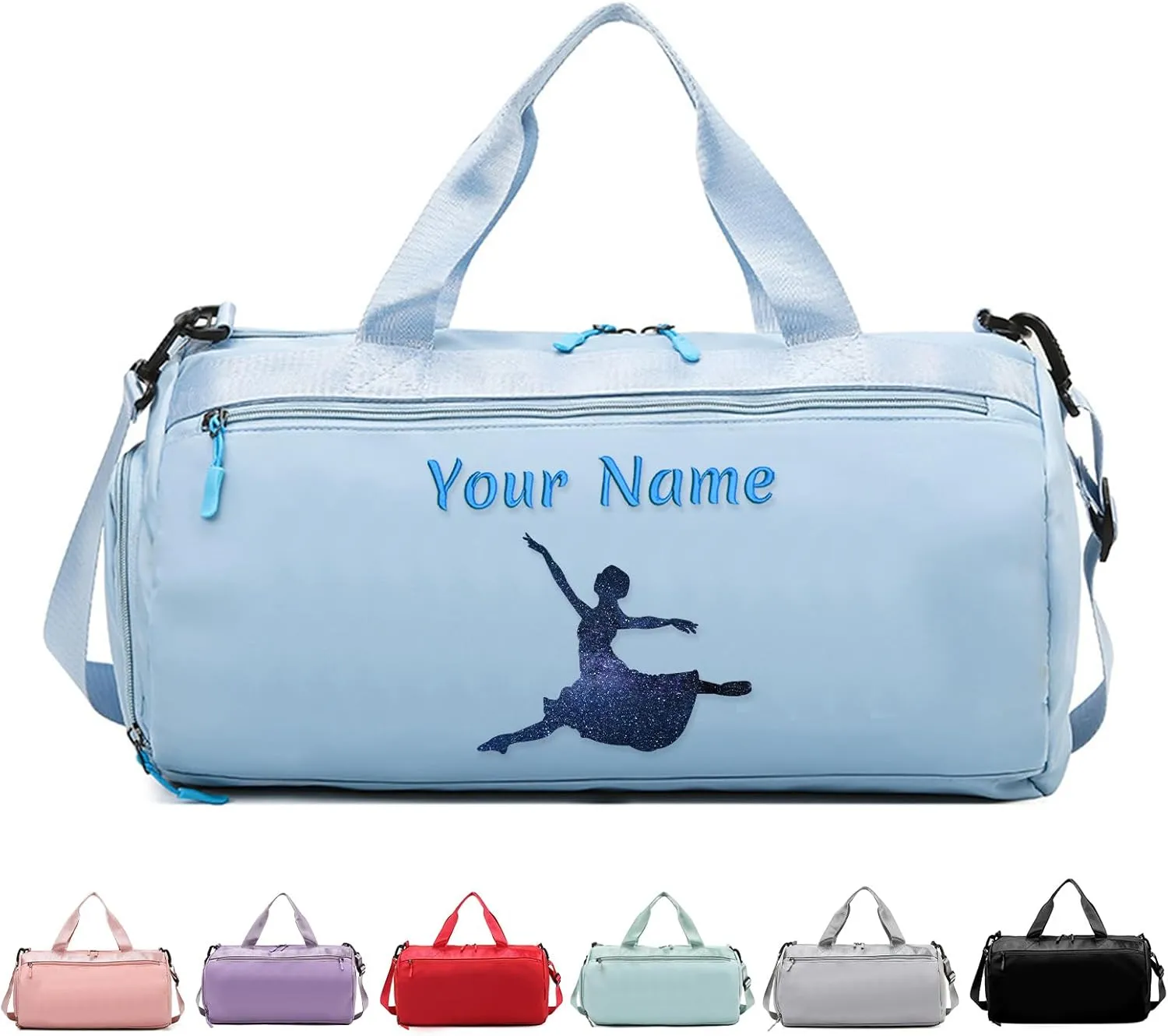 Personalized Embroidered Name Duffel Bag, Custom Athletic Tote for Men and Women, Weekend Camping Holdall with Wet and Dry Pockets and Shoulder Straps for Dance Lovers