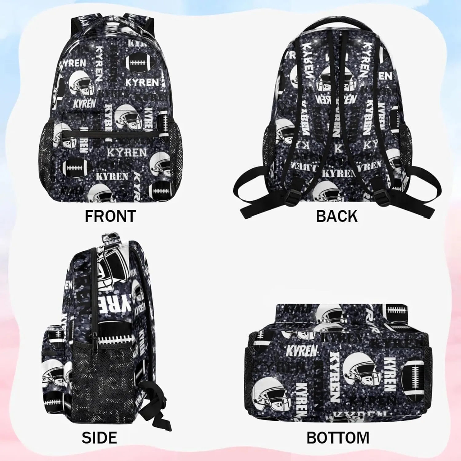 Personalized Football Backpack for Men Women, Custom Sports Bag Backpack with Name, Laptop Backpacks Daypack for Travel Camping, Dark Glitter