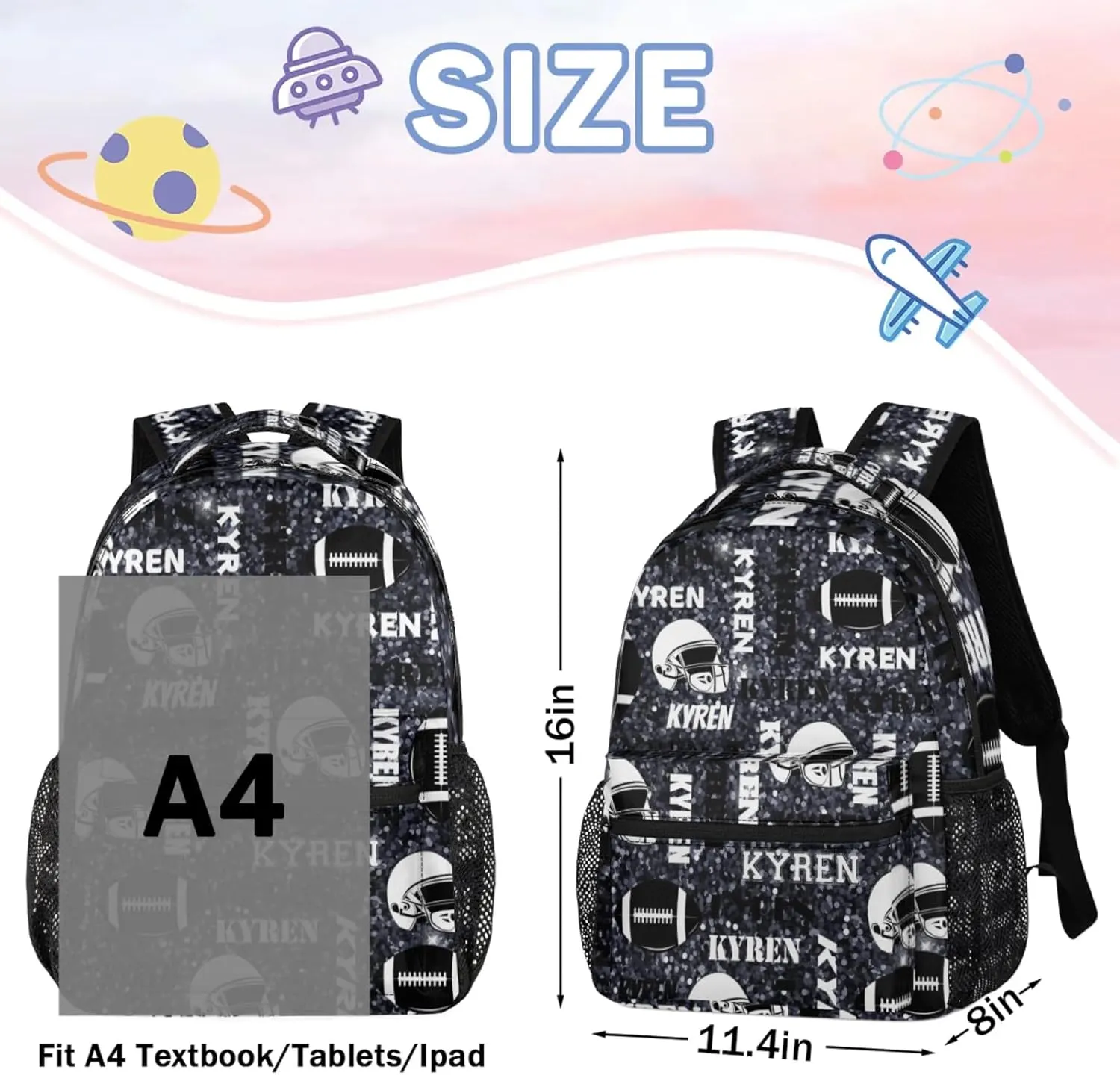 Personalized Football Backpack for Men Women, Custom Sports Bag Backpack with Name, Laptop Backpacks Daypack for Travel Camping, Dark Glitter