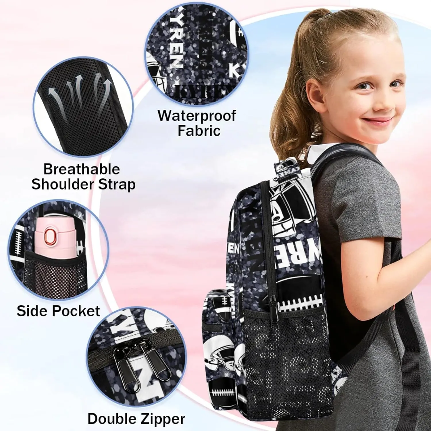 Personalized Football Backpack for Men Women, Custom Sports Bag Backpack with Name, Laptop Backpacks Daypack for Travel Camping, Dark Glitter