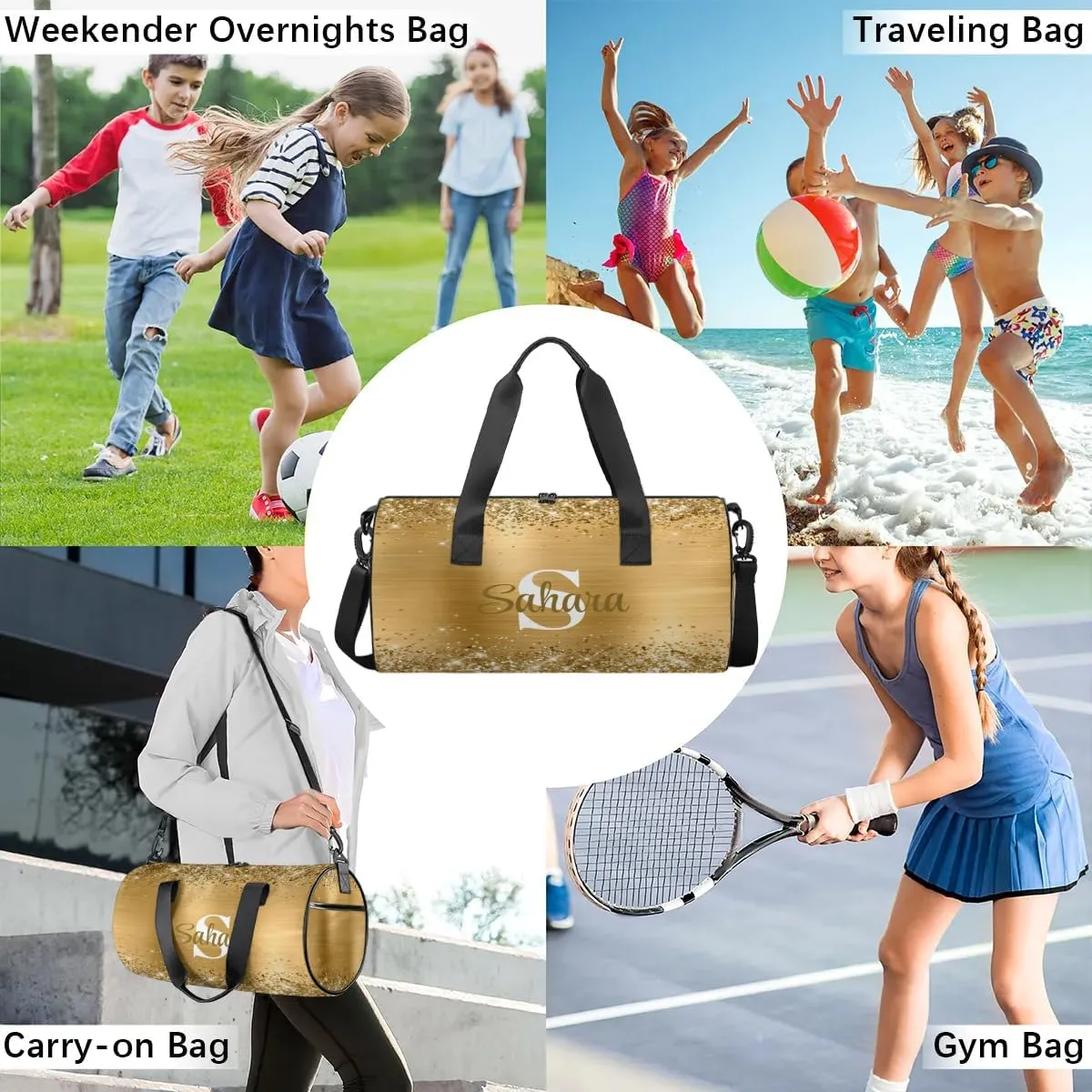 Personalized Glitter Dance Bag Duffle Bag for Girl, Custom Gymnastics Cheerleader Bag Travel Bag Sport Gym Bag Weekender Bags with Adjustable Glittery Gold Foil
