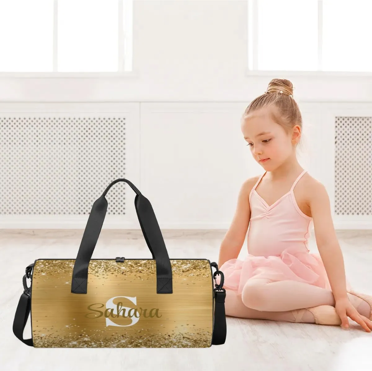 Personalized Glitter Dance Bag Duffle Bag for Girl, Custom Gymnastics Cheerleader Bag Travel Bag Sport Gym Bag Weekender Bags with Adjustable Glittery Gold Foil