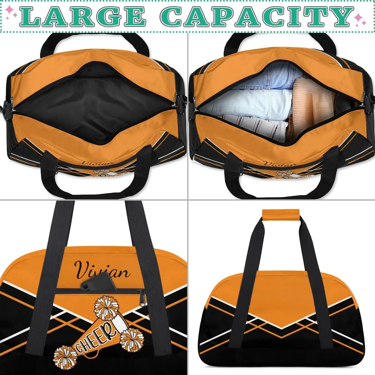 Personalized Gym Bag Duffel Bag for Girls, Custom Cheerleader Bag Overnight Bags for Gymnastics Travel Weekender Practice Cheering Horn