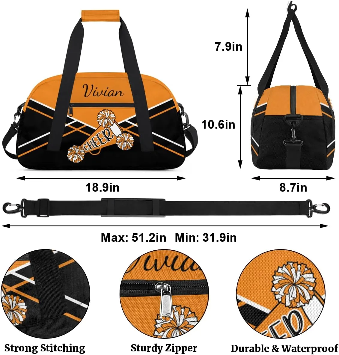 Personalized Gym Bag Duffel Bag for Girls, Custom Cheerleader Bag Overnight Bags for Gymnastics Travel Weekender Practice Cheering Horn