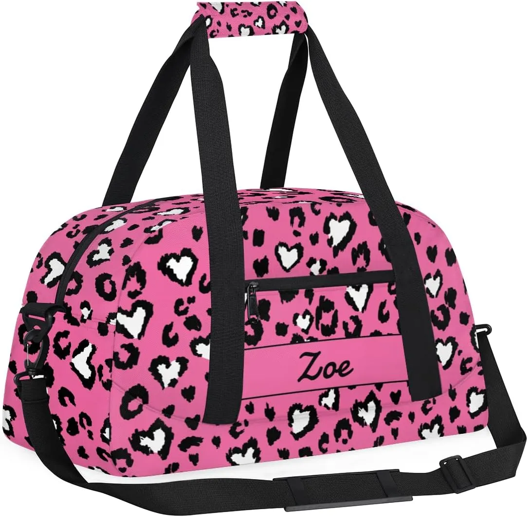 Personalized Gym Bag Duffel Bag for Girls, Custom Cheerleader Bag Overnight Bags for Travel Weekender Practice Gymnastics Leopard Pink