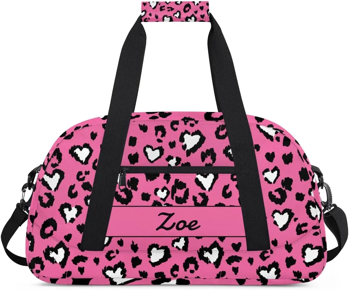 Personalized Gym Bag Duffel Bag for Girls, Custom Cheerleader Bag Overnight Bags for Travel Weekender Practice Gymnastics Leopard Pink