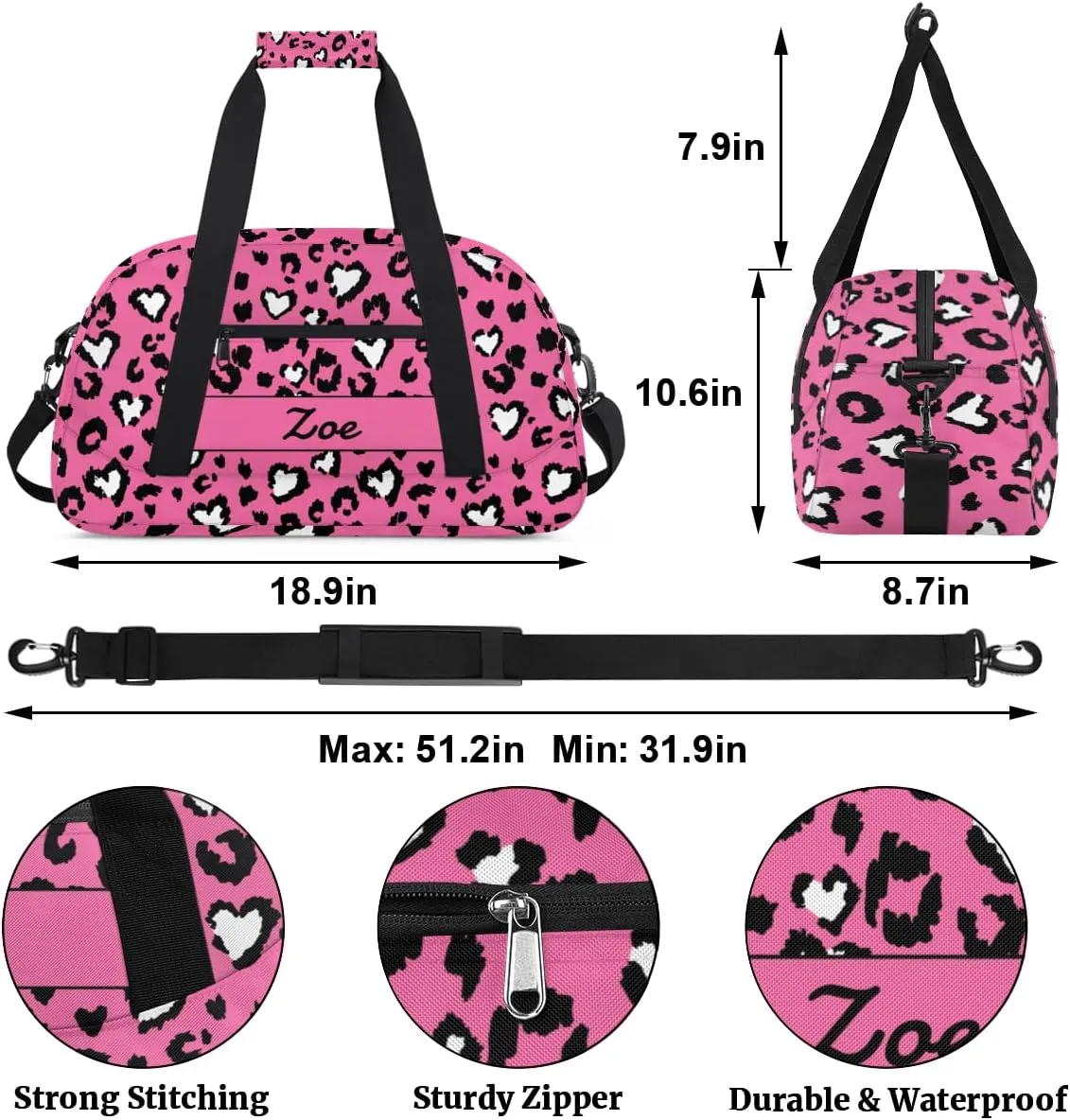 Personalized Gym Bag Duffel Bag for Girls, Custom Cheerleader Bag Overnight Bags for Travel Weekender Practice Gymnastics Leopard Pink