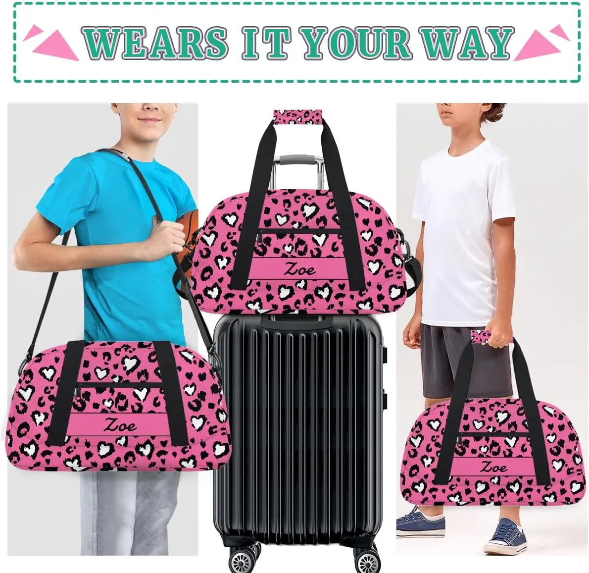 Personalized Gym Bag Duffel Bag for Girls, Custom Cheerleader Bag Overnight Bags for Travel Weekender Practice Gymnastics Leopard Pink