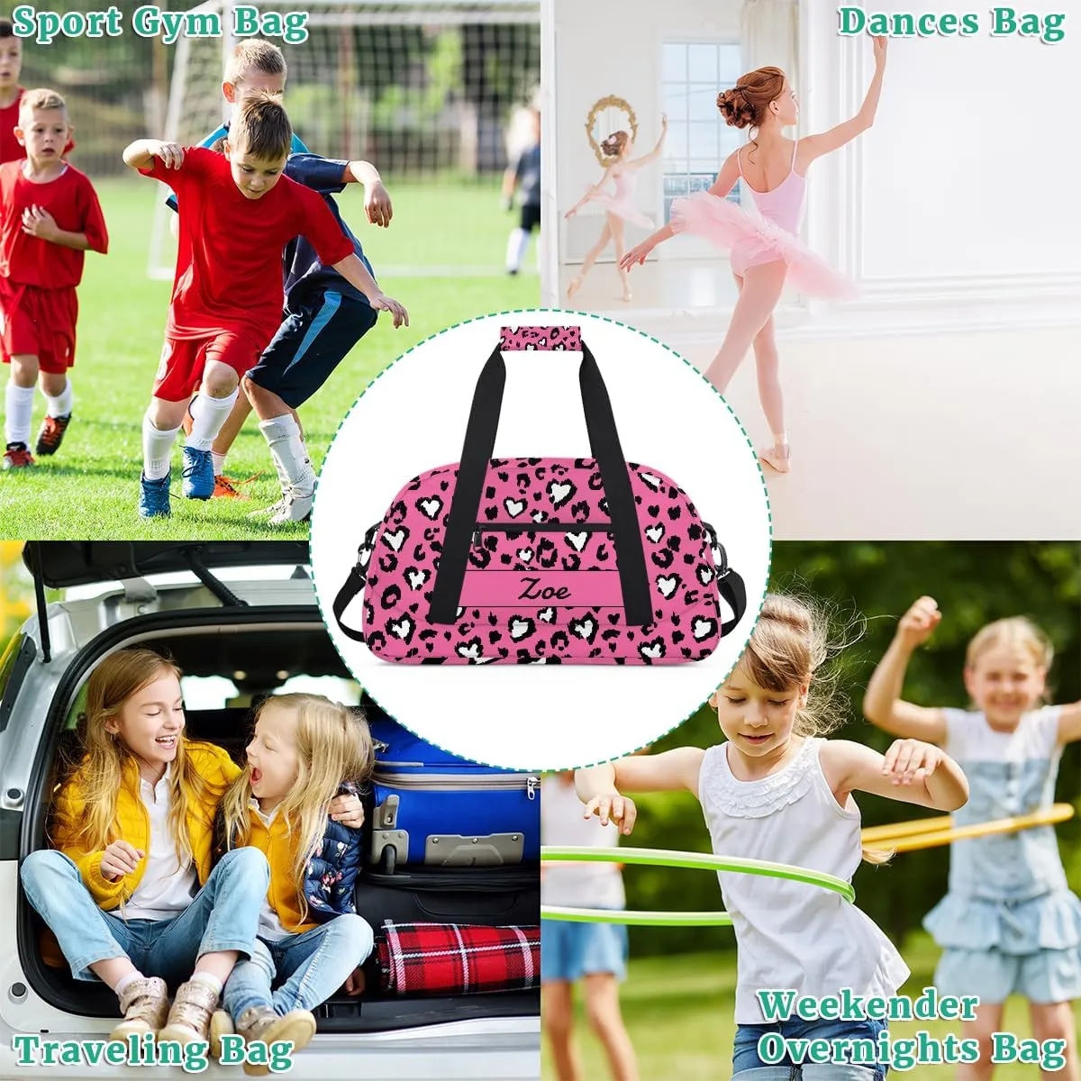 Personalized Gym Bag Duffel Bag for Girls, Custom Cheerleader Bag Overnight Bags for Travel Weekender Practice Gymnastics Leopard Pink