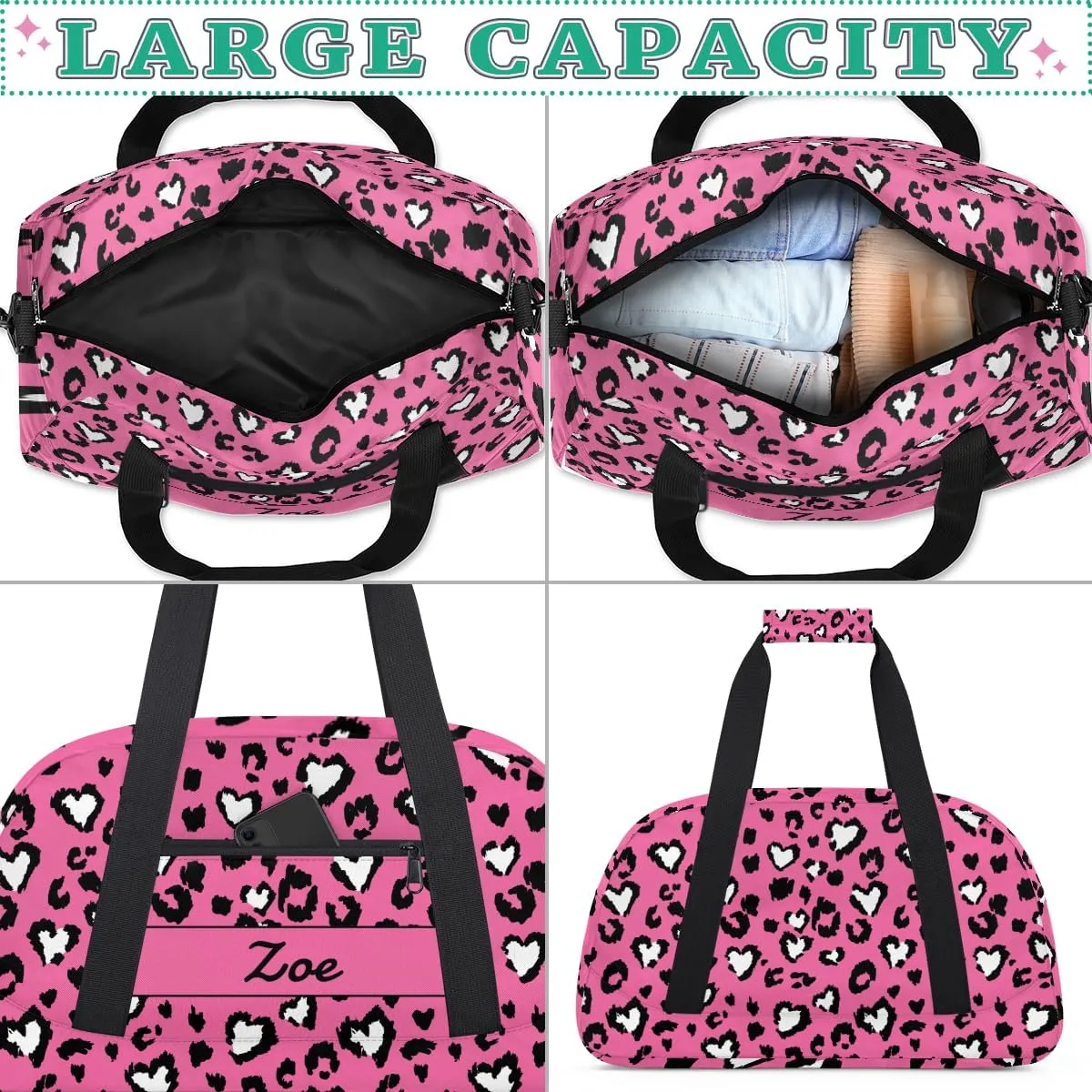 Personalized Gym Bag Duffel Bag for Girls, Custom Cheerleader Bag Overnight Bags for Travel Weekender Practice Gymnastics Leopard Pink