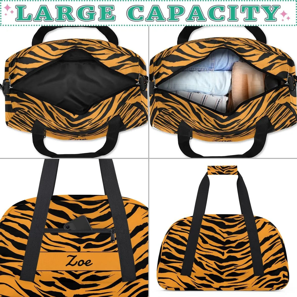 Personalized Gym Bag Duffel Bag for Girls, Custom Cheerleader Bag Overnight Bags for Travel Weekender Practice Gymnastics Yellow Tiger Print