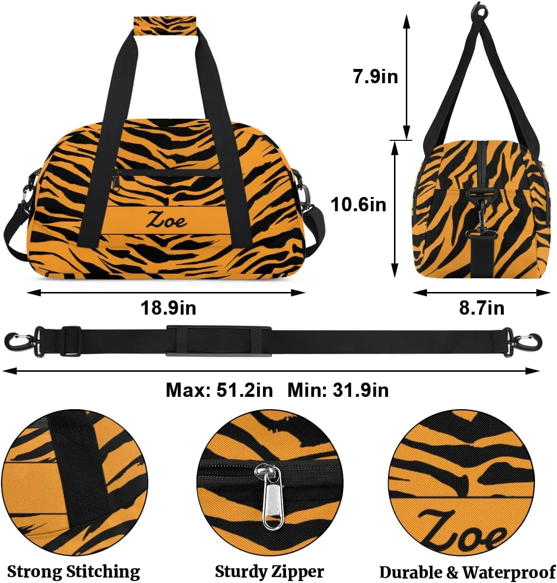 Personalized Gym Bag Duffel Bag for Girls, Custom Cheerleader Bag Overnight Bags for Travel Weekender Practice Gymnastics Yellow Tiger Print
