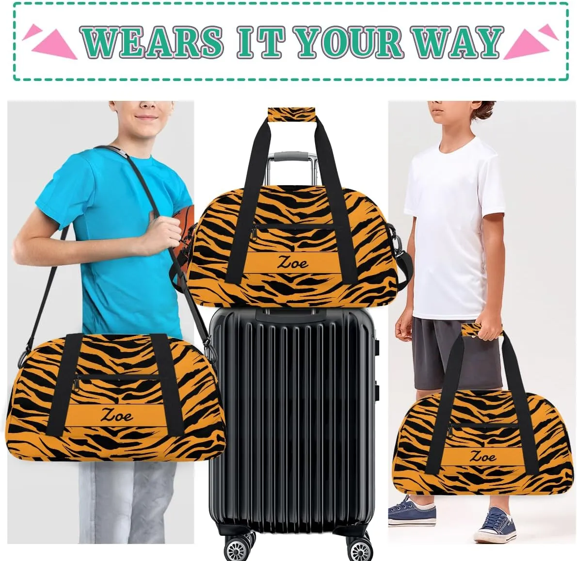 Personalized Gym Bag Duffel Bag for Girls, Custom Cheerleader Bag Overnight Bags for Travel Weekender Practice Gymnastics Yellow Tiger Print