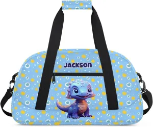 Personalized Gym Bag for Kids Boys, Cute Dino Blue Custom Small Duffel Bag with Padded Handles Carry On Weekend Travel Bag for School Practice Ball Games
