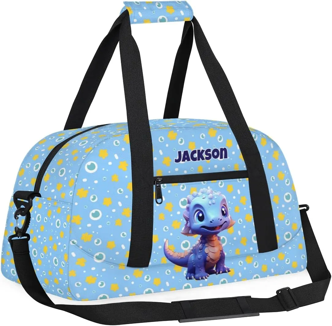 Personalized Gym Bag for Kids Boys, Cute Dino Blue Custom Small Duffel Bag with Padded Handles Carry On Weekend Travel Bag for School Practice Ball Games