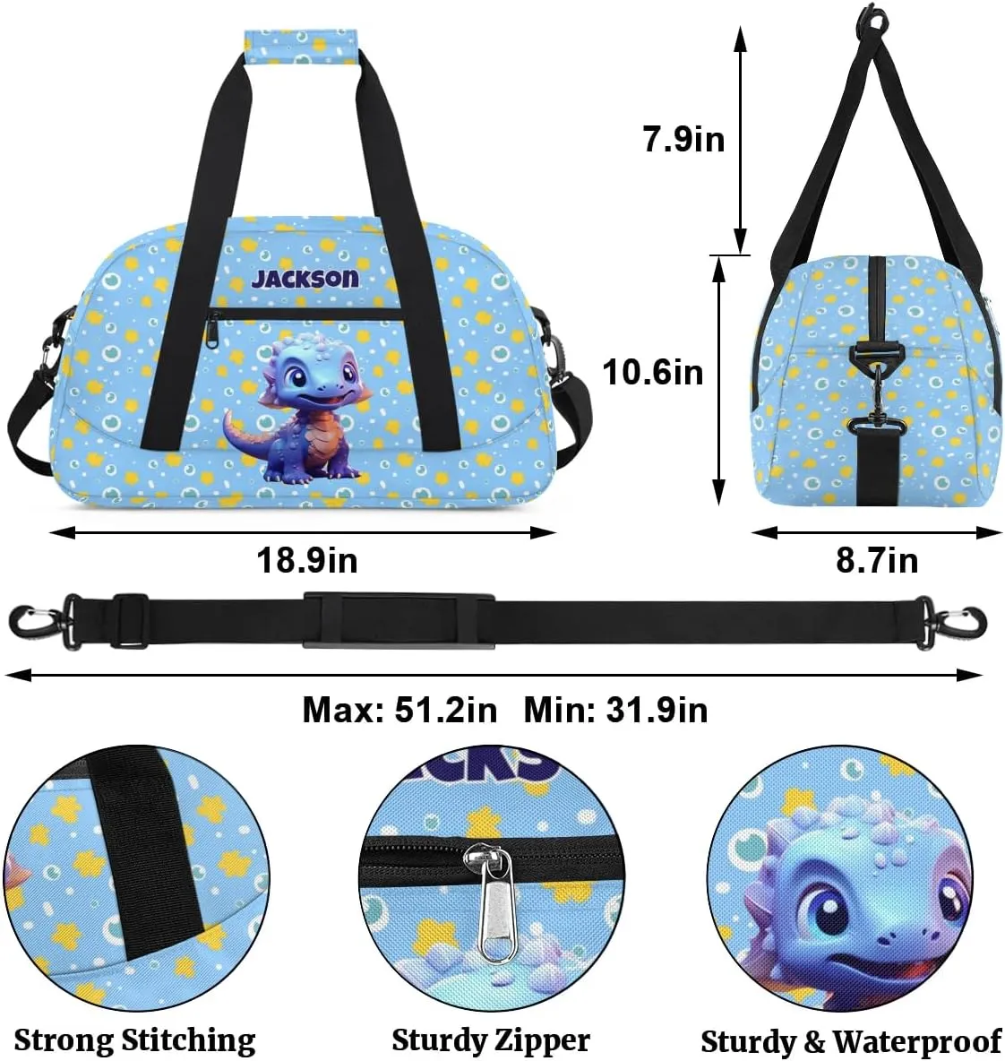 Personalized Gym Bag for Kids Boys, Cute Dino Blue Custom Small Duffel Bag with Padded Handles Carry On Weekend Travel Bag for School Practice Ball Games