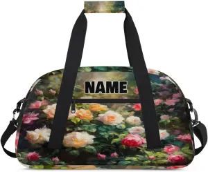 Personalized Gym Dance Bag with Name, Colorful Garden Floral Rose Custom Cheerleading Duffel Bag Travel Weekender Overnight Carry On Sleepover Bag