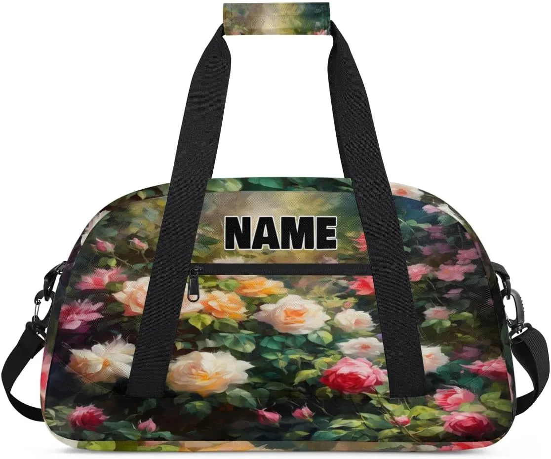 Personalized Gym Dance Bag with Name, Colorful Garden Floral Rose Custom Cheerleading Duffel Bag Travel Weekender Overnight Carry On Sleepover Bag