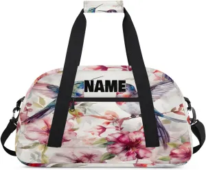 Personalized Gym Dance Bag with Name, Hummingbirds Light Pink Floral Custom Cheerleading Duffel Bag Travel Weekender Overnight Carry On Sleepover Bag