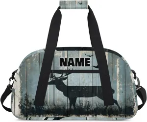 Personalized Gym Dance Bag with Name, Rustic Blue Wooden Barn Deer Silhouette Custom Cheerleading Duffel Bag Travel Weekender Overnight Carry On Sleepover Bag