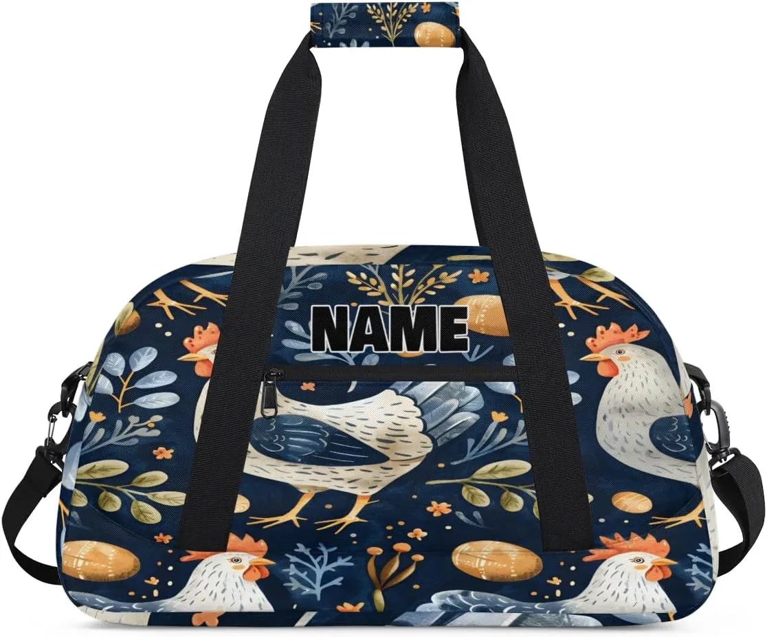Personalized Gym Dance Bag with Name, Watercolor Blue Eggs Hen Botanical Leaf Custom Cheerleading Duffel Bag Travel Weekender Overnight Carry On Sleepover Bag
