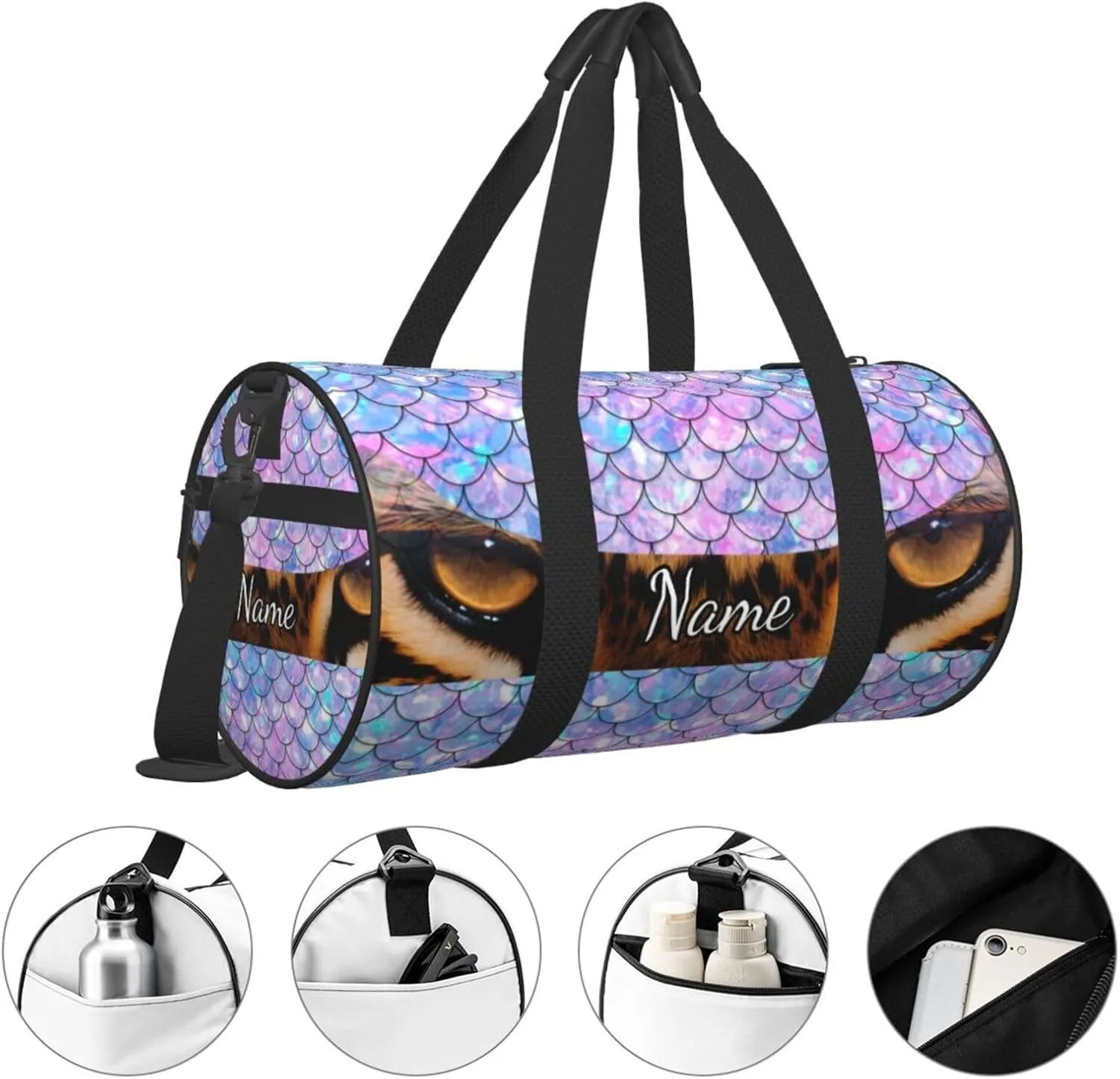 Personalized Gym Duffle Bag for Men,Custom Sports Tote Bag with Name for Women Weekender Carry On Personal Item,17in Mermaid Scale Leopard Eyes Duffel Bag for Travel Overnight Fitness Dance