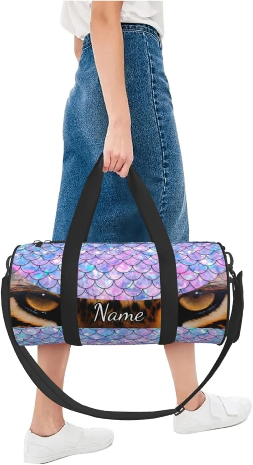Personalized Gym Duffle Bag for Men,Custom Sports Tote Bag with Name for Women Weekender Carry On Personal Item,17in Mermaid Scale Leopard Eyes Duffel Bag for Travel Overnight Fitness Dance